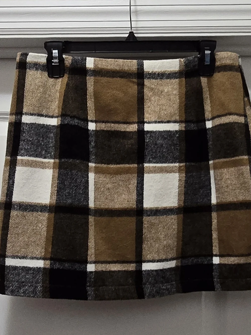 Boutique Plaid Wool Blend A-Line Mini Skirt, Brown, Grey Cozy Size L - NWT